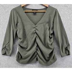 Vtg Express Ruched V-Neck Knit Top Womens L Sage Green Fitted 3/4 Sleeve Y2K